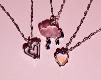 Pink Y2k Charm Necklace: Cloud & Heart Fairycore Charm Chain, 16'' Stainless Steel Choker