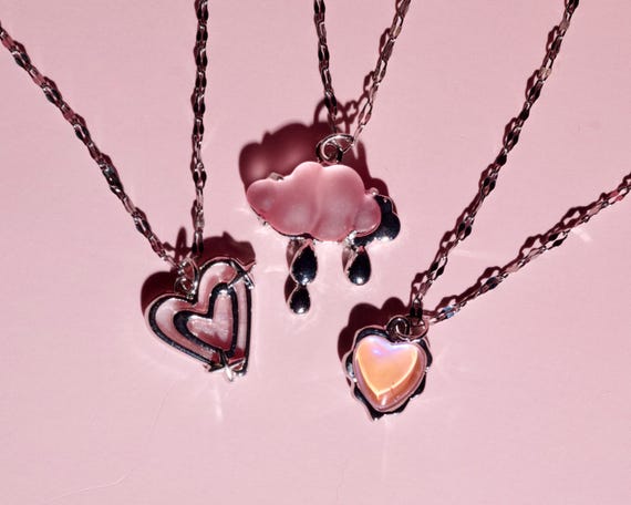 Pink Y2k Charm Necklace: Cloud & Heart Fairycore Charm Chain, 16'' Stainless Steel Choker