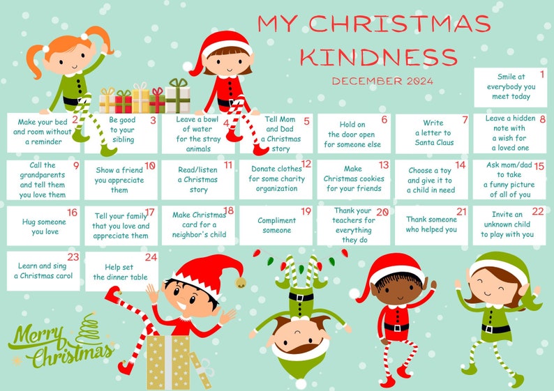 Printable My Christmas Kindness Elves Advent Calendar A4/A3 Landscape