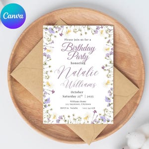 Garden Party Editable Wildflowers Birthday Invitation Template, Minimalist Wildflower Birthday Invite,  30th 40th 50th Birthday Party