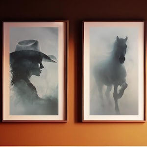 Set di 2 stampe murali Cowgirl, stampe murali Western neutre, estetica country, arte country americana, stampe di cavalli western, DOWNLOAD DIGITALE
