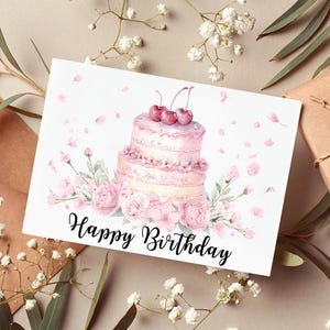 Happy Birthday Card - DIGITAL Download - Printable Birthday Card  Cherries Cake - Printable Happy Birthday Card - Printable Card