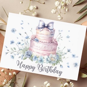 Happy Birthday Card  DIGITAL Download - Printable Birthday Card Featuring Coquette bow Cake - Printable Happy Birthday Card - Printable Card
