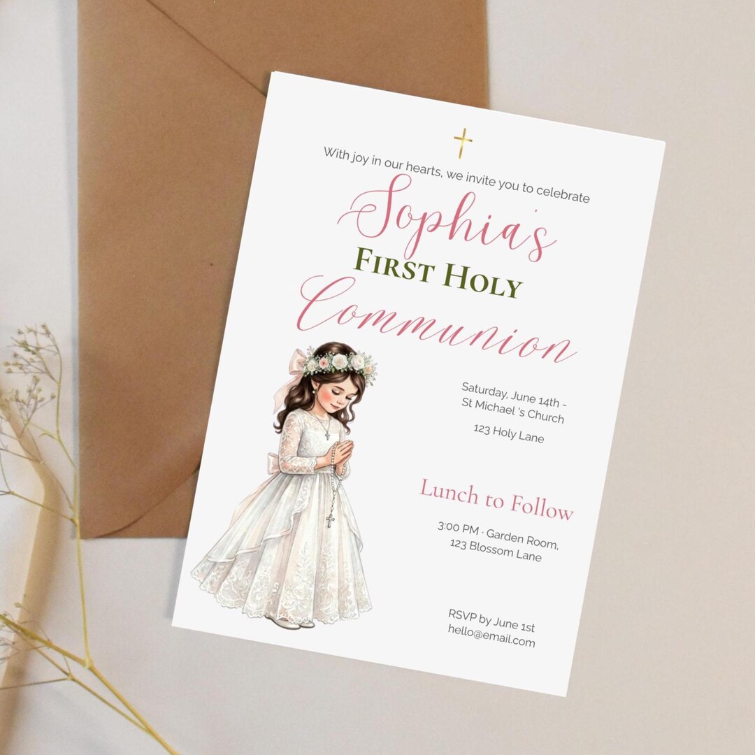 Editable First Holy Communion Invitation Girl, Catholic Invite Template ...