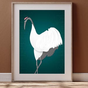 Dancing Crane Print,  Japanese Crane , Wall Art, Minimalist  Art, Japandi Wall Decor, Green Decor, Dancing Crane, natureinspired