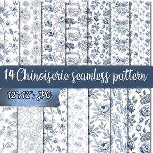 Chinoiserie Wildflower Blue Seamless Patterns, Seamless Pattern, Carta digitale, Junk Journal o POD, Chinoiserie Floral Seamless Patterns