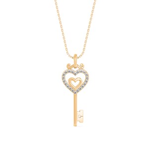 Solid 14K White Gold Heart Key Natural Diamond Pendant for Women | Lab Grown Diamond Necklace | Anniversary Gift | Birthday Present