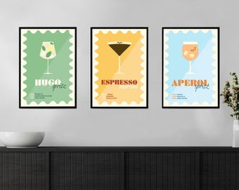 Cocktail Prints Wall art. Aperol Spritz, Espresso Martini, Hugo Spritz Recipes. Illustrated poster, Bar Mixology Kitchen. Digital Download.