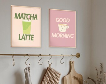 Coffee & Matcha Digital Wall Art – Minimalist Home Decor, Café Aesthetic Art. Soft Green and Pink. Kitchen and Bar. Digital Download.