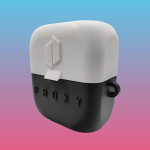 May include: A two-tone case with a white top and a black bottom. The word "PROXY" is printed in white on the black section. A small, black loop is on the side. A white geometric design is on the top.