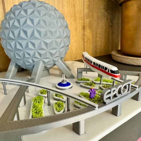 Modellino in miniatura di EPCOT, ingresso e piazza, monorotaia, fontana in scala