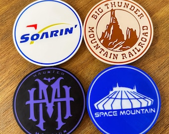 Set of 4 Disney Attraction Coasters | Space Mountain, Big Thunder Mountain, Soarin’, Haunted Mansion | 3D Printed with Cork Base