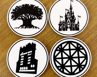 Whimsical Disney Park Icon Coasters Set with Cork Base & Holder - High Quality 3D Printed Design for Home Décor - Parties