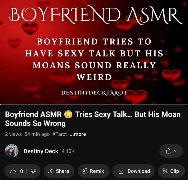 May include: A YouTube thumbnail with the text "BOYFRIEND ASMR" and "Boyfriend Tries to Have Sexy Talk But His Moans Sound Really Weird." The background is red with floating heart shapes. The video title is "Boyfriend ASMR Tries Sexy Talk... But His Moan Sounds So Wrong."