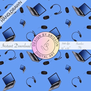 May include: A digital art design featuring a repeating pattern of laptops, computer mice, and headsets on a light blue background. The design includes the text "HAND DRAWN" and "Instant Download". The design is 30.48 cm x 30.48 cm and 300 dpi.