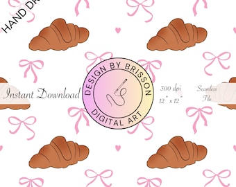 Coquette Croissant Seamless Pattern | Pink Bow Digital Paper | Hand Drawn French Bakery Aesthetic | 12x12” PNG 300 DPI