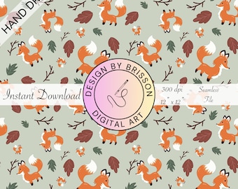 Fox Leaves Sticks Fall Green Seamless Pattern Hand Drawn PNG Digital Download Surface Repeat Continuous File