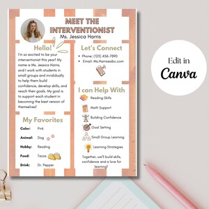 May include: A Meet the Interventionist flyer template featuring a photo of Ms. Jessica Harris, contact information, and sections for favourites and services. The document includes text about reading skills, maths support, and learning strategies.