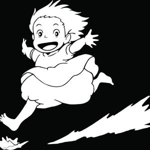 May include: A black and white illustration of a girl with short hair wearing a dress and running with her arms outstretched. She is leaving a trail of white behind her.
