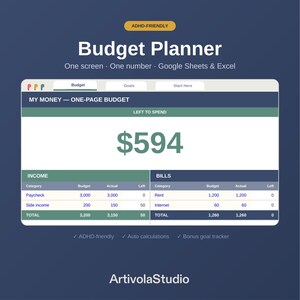 ADHD Budget Planner Google Sheets, Simple Monthly Budget Spreadsheet Excel, Paycheck Weekly Biweekly Tracker, Easy Beginner Finance Template