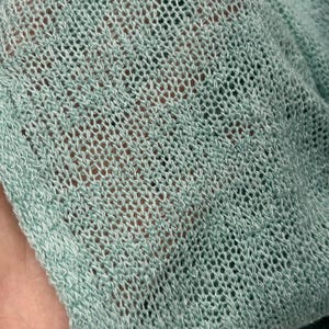 An extreme close-up of a soft, mint-green open knit fabric showing the intricate interlocking loops and texture.