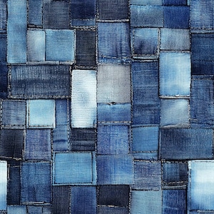 Printed Denim Fabric, Blue Patchwork Texture, 60-Inch Width