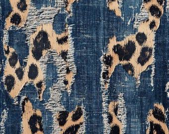 Tela vaquera, 60 pulgadas de ancho, estampado animal con textura tejida.