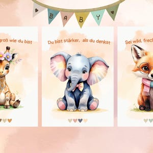 Digitales Kinderzimmer-Poster-Set – 3 Aquarell Tiere: Fuchs, Elefant, Giraffe – mit Sprüchen – Druckbare Wandbilder