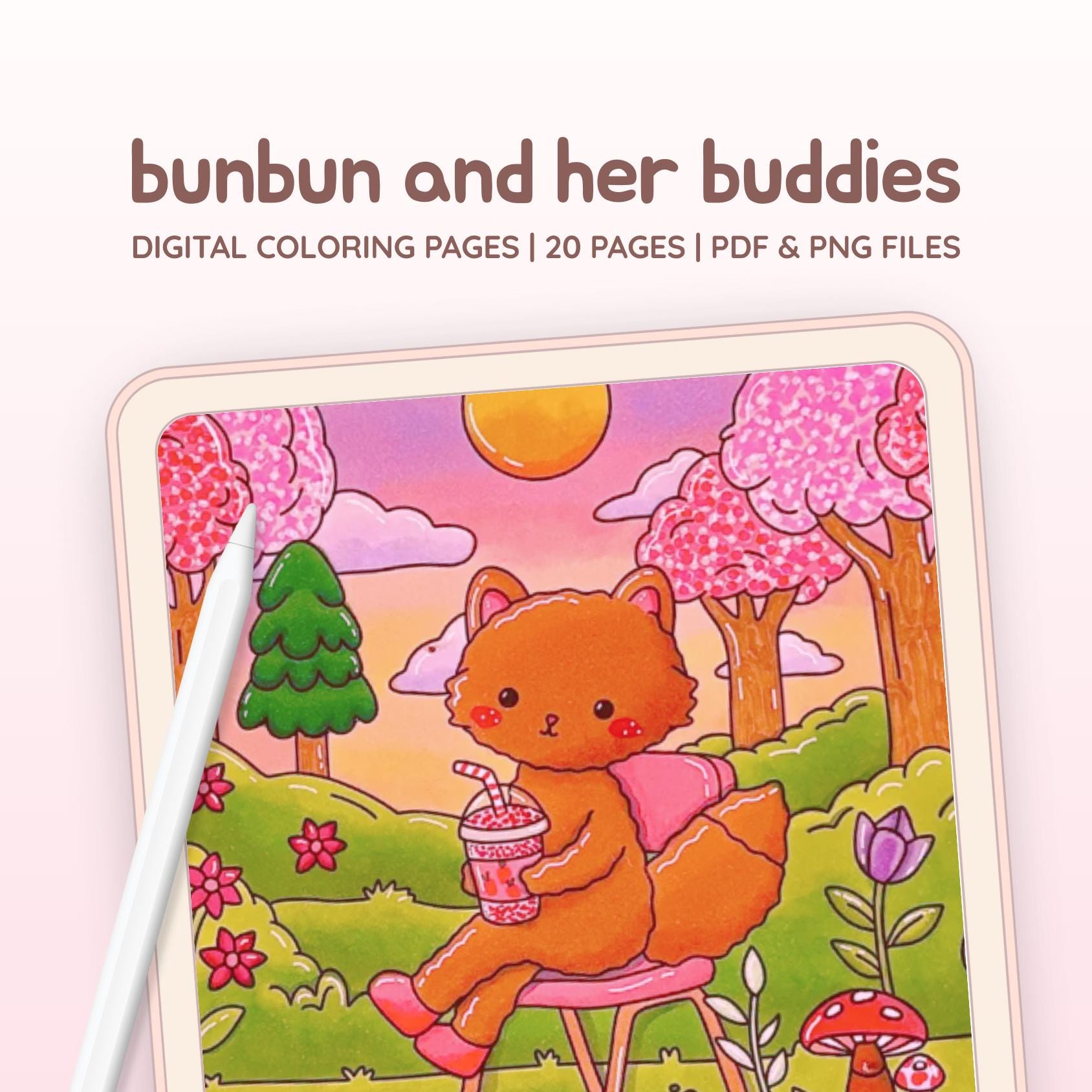 Bunbun & Her Buddies Printable Coloring Book – Digital Download A4, Cute Cozy Animal Coloring Pages, 20 Line Art Scenes