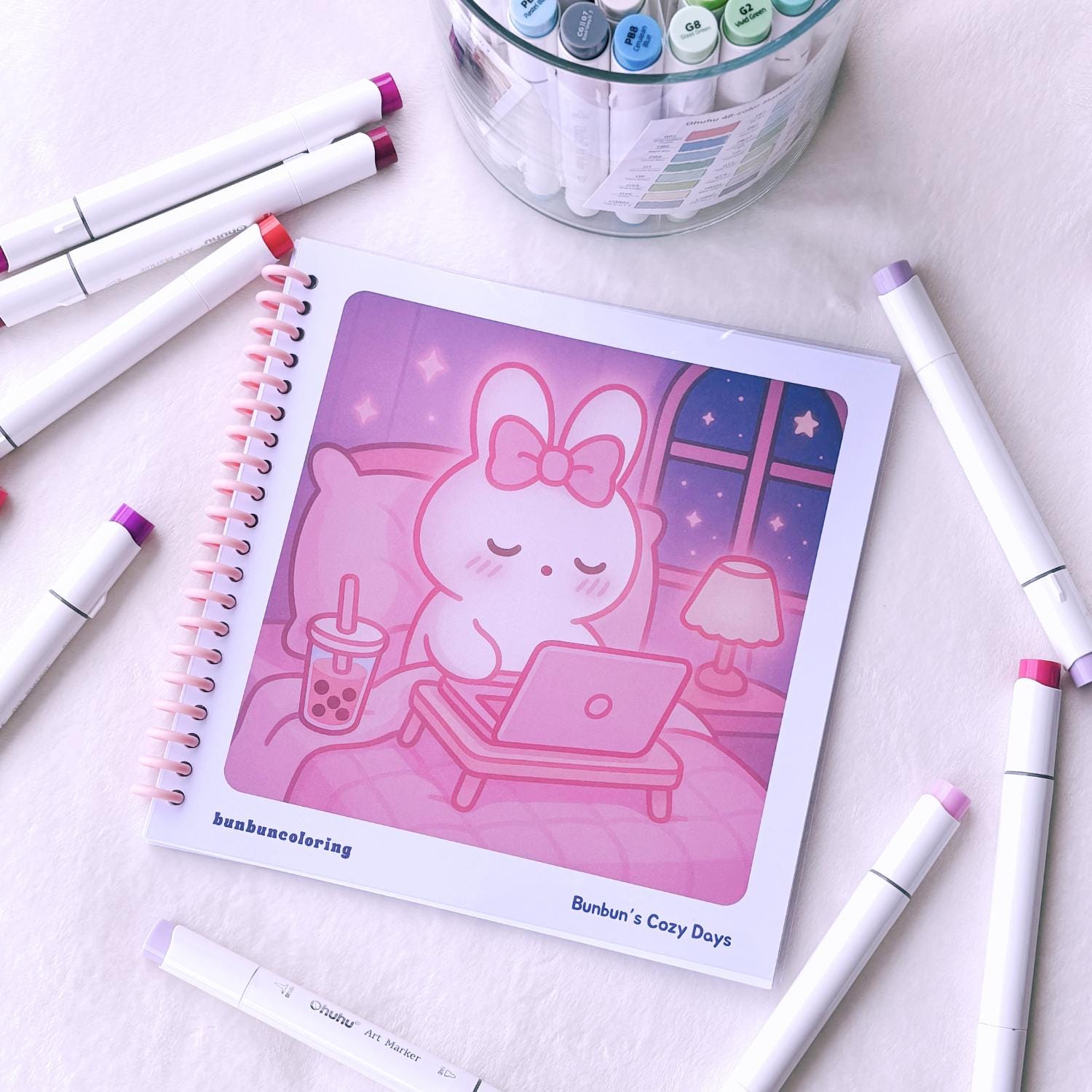 Bunbunâs Cozy Days Coloring Set â Cute Animal Pages on Thick Marker Paper, Loose Sheets or Spiral-Bound Book