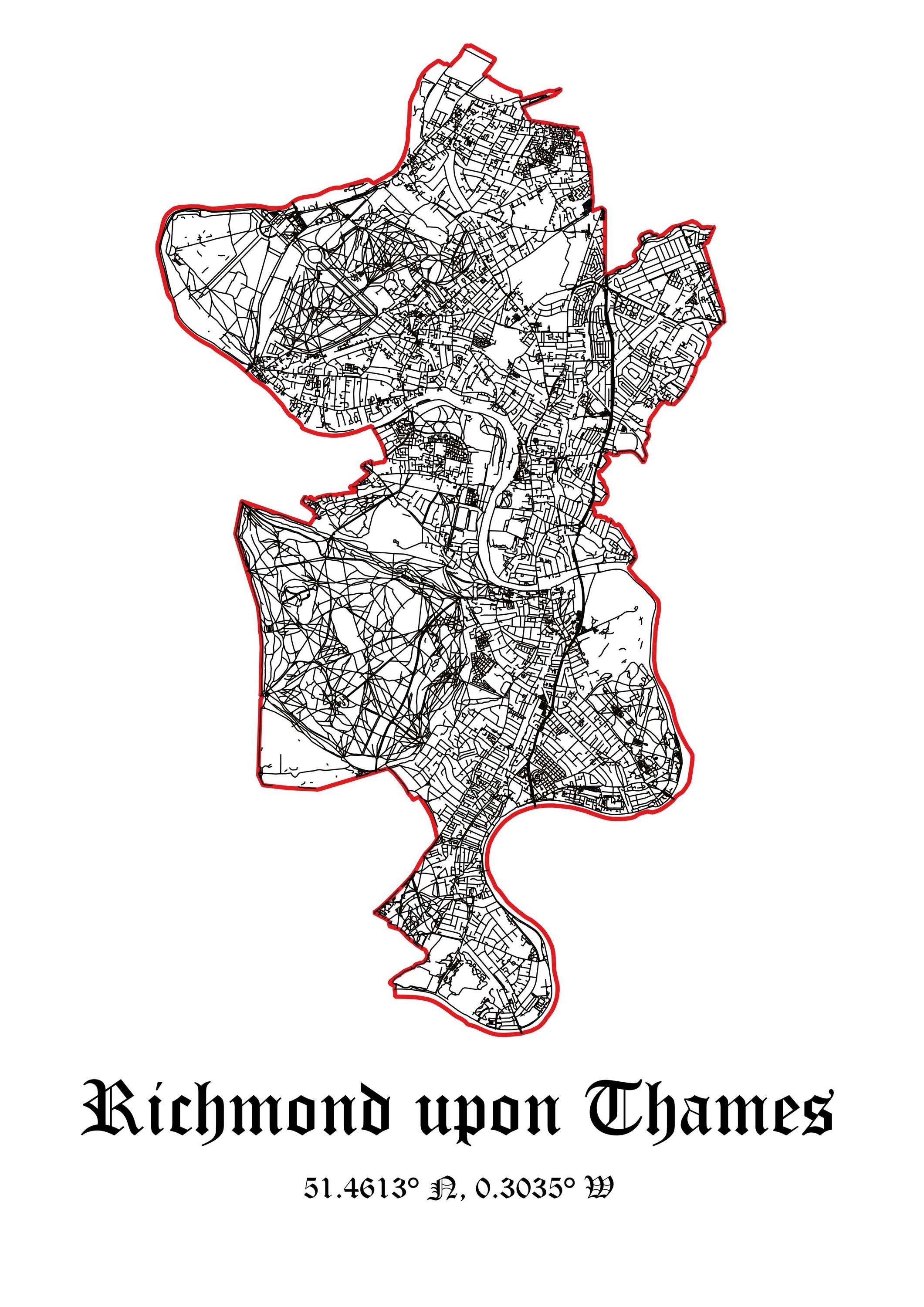 Richmond upon Thames Map Poster-  Premium Print of London Borough- Minimalist Home/Office Décor- Wall Art