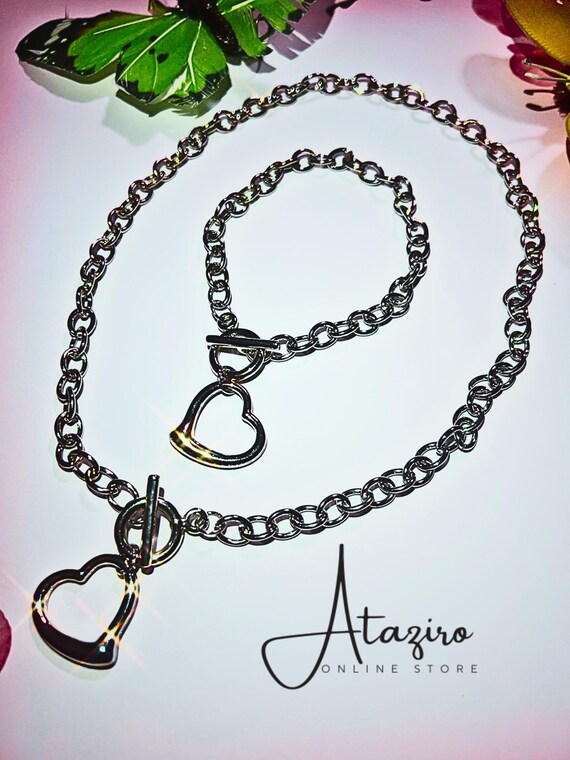 18k White Gold Plated Heart Toggle Necklace/ Bracelet Chain Set