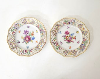 Floral Plates with Pierced Edging Schumann Bavaria Germany US Zone Two Plates