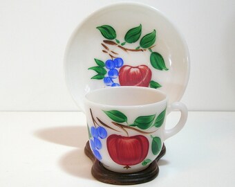 Milk Glass Cup And Saucer With Fruit Design, Hand Painted Apple And Grapes