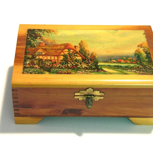 Wood Jewelry Chest With English Cottage