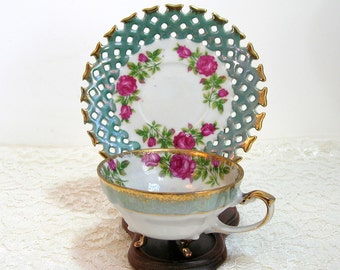 Napco Green With Pink Roses Design Footed Teacup With Pierced Edge Saucer