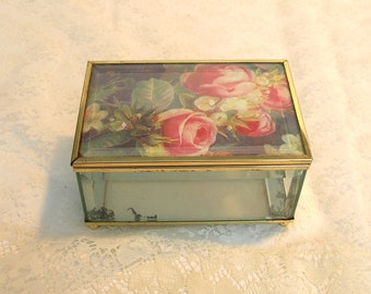 Glass Trinket Box with Antique Roses Design