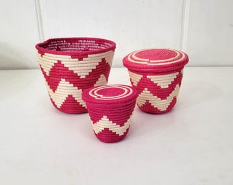 Nesting Hand Woven Baskets Trio of Small Coiled Baskets