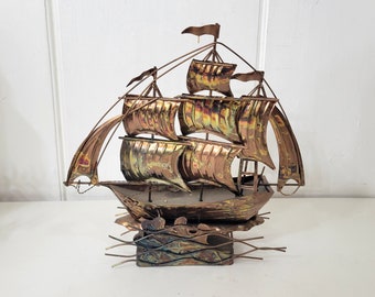 Musical Brass Ship Sculpture Music Box Nautical Sailing Ship