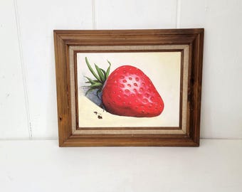 Giant Strawberry Still Life Painting with Rustic Wood Frame