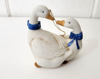 Ceramic Country Geese with Blue Bows Figurine