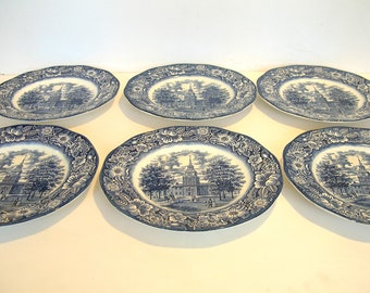 Liberty Blue Ironstone Dinner Plates Set of Six, Staffordshire Pottery, England, Blue and White