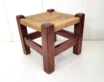 Rustic Primitive Footstool with Woven Top