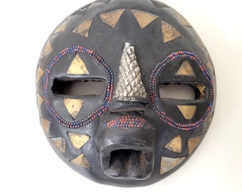 African Tribal Wood Mask with Brass and Beads