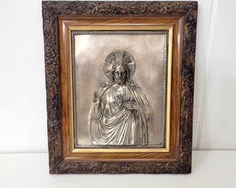 Sacred Heart of Jesus 3D Metal Repousse Plaque Framed Christian Home Decor