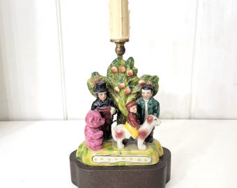Staffordshire Reproduction Lamp Base Boy with Dog, Men and Bear