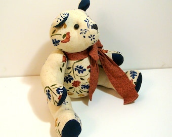 Folk Art Teddy Bear Colonial Stencil Print Fabric