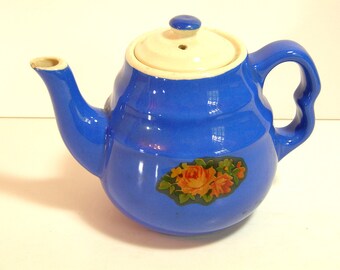 Blue Stoneware Teapot, Vintage Cottage, Farmhouse Teapot, 1940s