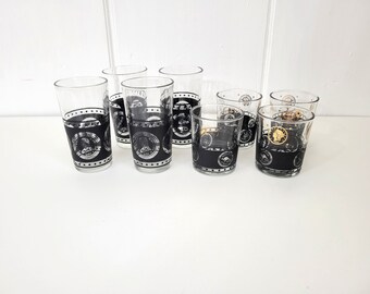 Hazel Atlas Barware Drinking Glasses Set of 8 Continental Medallion and Coin Black and Gold