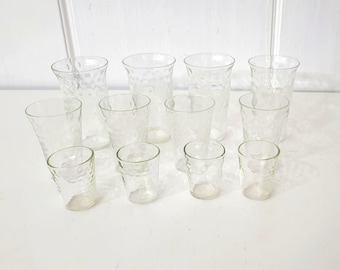 Vintage Etched Drinking Glasses with Grapes Design, Three Sizes